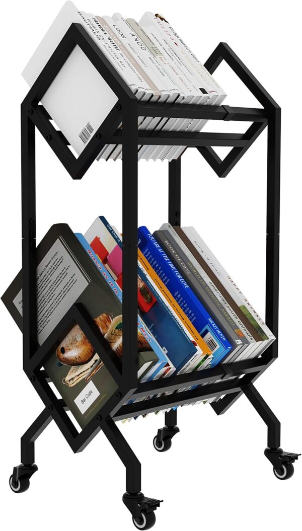 Bookshelf Book Rack Industrial Metal Bookcase 2 Tier Holder with Wheels Modern Stylish Design Magazines Files Album Recipe Book Storage Organizer for Sofa End Bed Beside 1