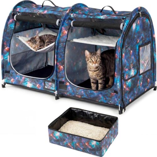 Mispace Portable Twin Compartment Show House Cat Cage/Condo - Easy to Fold & Carry Kennel - Comfy Puppy Home & Dog Travel Crate with Portable Carry Bag/Two Hammocks/Mats and Collapsible Litter Box