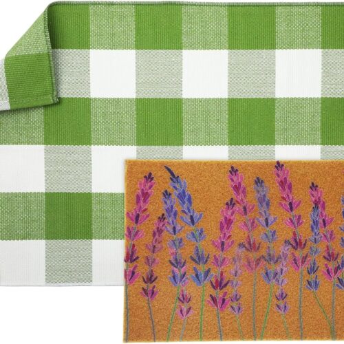 2 Pcs Spring Lavender Welcome Door Mat 24'' x 35'' Green White Plaid Outdoor Rug and 24'' x 16'' Lavender Coir Doormat Non Slip Floral Floor Mat for Outside Entrance Front Porch