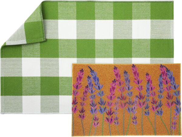 2 Pcs Spring Lavender Welcome Door Mat 24'' x 35'' Green White Plaid Outdoor Rug and 24'' x 16'' Lavender Coir Doormat Non Slip Floral Floor Mat for Outside Entrance Front Porch 1