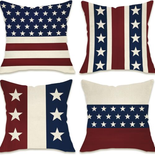 4th of July Patriotic Decorative Throw Pillow Covers 18x18 Set of 4, America USA Rustic Red White Blue Stripes Stars Outdoor Pillowcase, American Independence Day Cushion Case Home Decor
