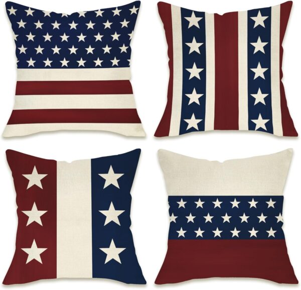 4th of July Patriotic Decorative Throw Pillow Covers 18x18 Set of 4, America USA Rustic Red White Blue Stripes Stars Outdoor Pillowcase, American Independence Day Cushion Case Home Decor 1