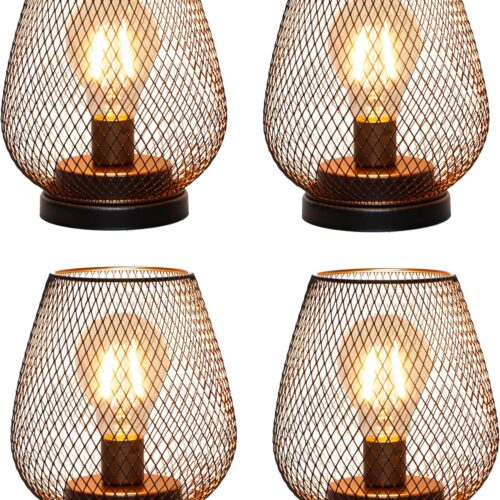 Set of 4 Battery Operated Lamp LED Table Lantern, Metal Cage Cordless Lamps with LED Bulb，Vintage Decorative Outdoor Lantern for Weddings, Parties, Patio, Events for Indoors Shelf Decor