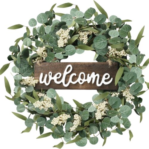 Green Eucalyptus Wreath with Welcome Sign 20in Artificial Spring Summer White Berries for Front Door Wall Window Festival Farmhouse Porch Patio Garden Decor, White,green