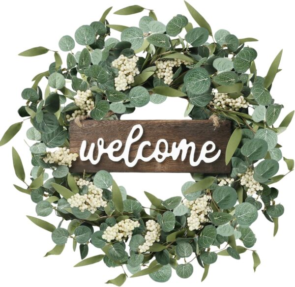 Green Eucalyptus Wreath with Welcome Sign 20in Artificial Spring Summer White Berries for Front Door Wall Window Festival Farmhouse Porch Patio Garden Decor, White,green 1