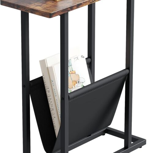 Narrow Side Table for Small Spaces, Small End Table with Magazine Holder, Skinny Slim Little Thin Table for Living Room, Bedroom, Sofa, Rustic Brown