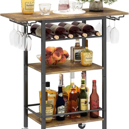 Bar Cart, Home Bar Serving Cart, 3 Tier Mobile Drink Beverage Cart, Rolling Kitchen Shelf with Wine and Glass Holders, for Dinning Room, Living Room, Kitchen