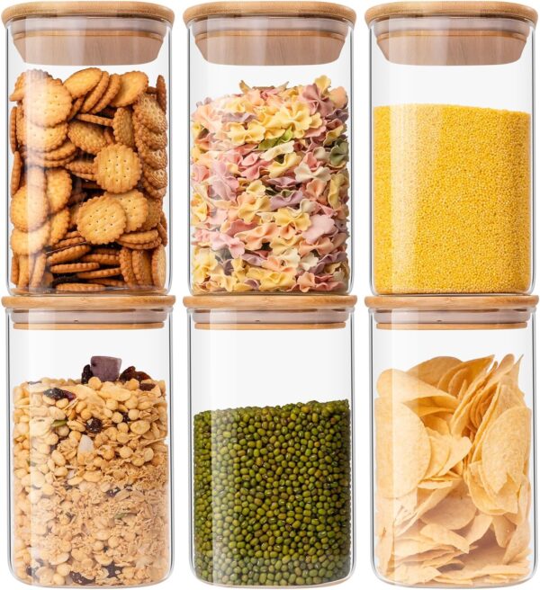 Glass Food Storage Jars 37 oz Set of 6,Glass Storage Containers Clear Glass Food Canister with Bamboo Lid Airtight For Serving Tea, Coffee, Flour, Sugar, Candy, Cookie, Spice and More (Square) 1