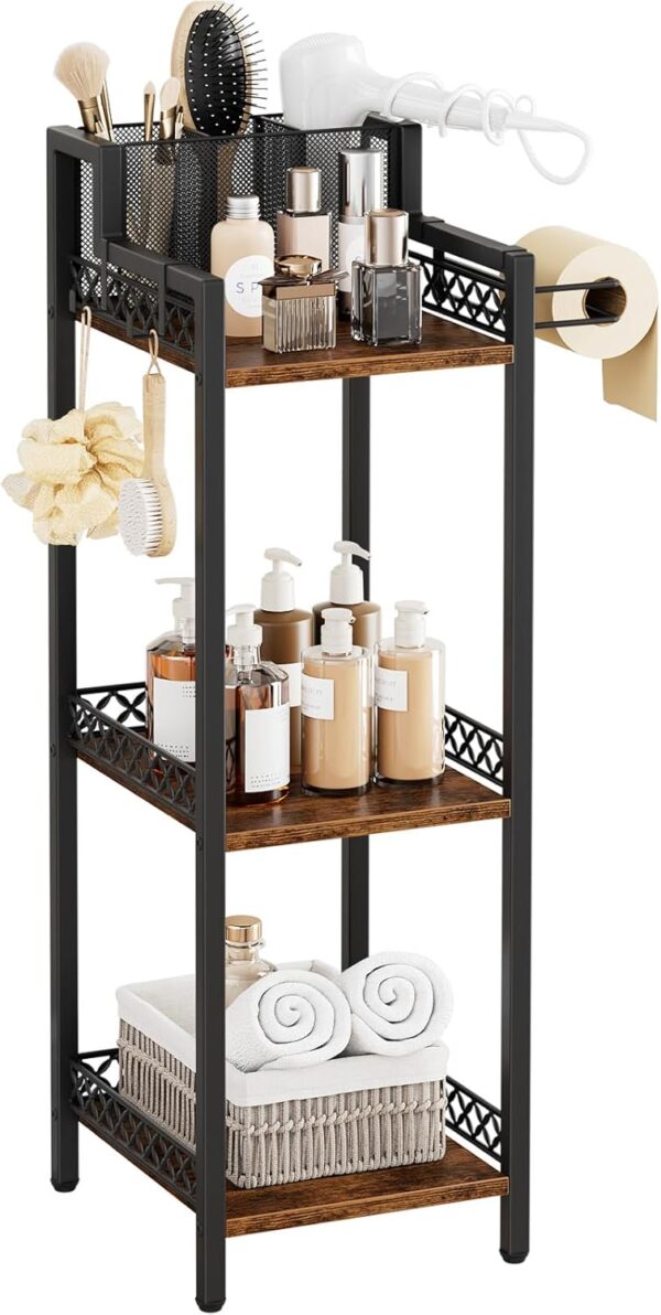 Bathroom Storage and Organizer Shelf Hair Dryer Holder, 9.85in 3-Tier Narrow Metal Standing Rack with Toilet Paper Holder, Corner Stand for Cosmetic, Vanity, Kitchen, Laundry Rustic Brown 1