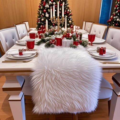 Faux Fur Table Runner, White Table Runner for Christmas Winter Decor, Luxury Soft Table Runners for Dining Table Dresser, Coffee Table, Wedding & Holiday Party Decor (11.8 x 47.2 Inch)