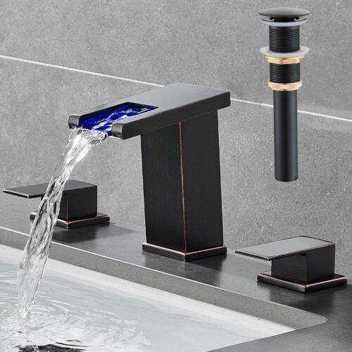 LED Bathroom Faucet 3 Hole, Oil Rubbed Bronze Waterfall Bathroom Faucets, 8 Inch Widespread Modern Bathroom Sink Faucet & Parts, Wide Spread Touch On Three Hole 2 Handle Bathroom Vanity Faucet