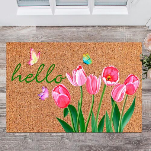 Spring Welcome Coir Doormat Outdoor Hello Spring Front Door Mat Tulip Butterfly Coir Doormat with Non Slip Backing February Romantic Mat Front Porch Rugs for Home Entrance, 16 x 24 Inches