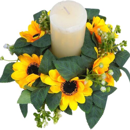 Sunflower Candle Ring Mini Summer Wreath Artificial Flower Pillar Holder 10" for Table Centerpieces Home Garland Farmhouse Wedding Rustic Party Decoration