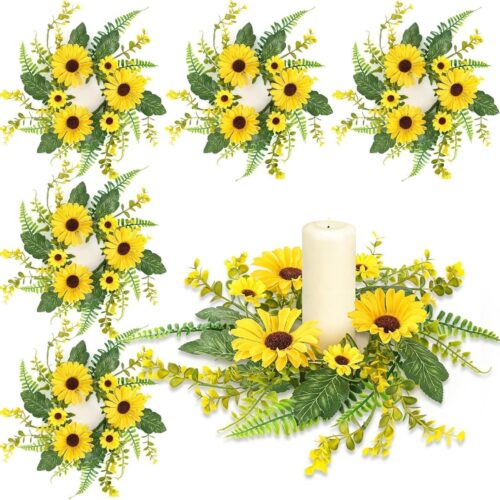 6Pcs Sunflower Wreath for Front Door Artificial Sunflower Spring Summer Table Centerpieces Wreath Fake Yellow Floral Candle Rings Wreaths for Pillars Cabinets Wedding Table Home Décor