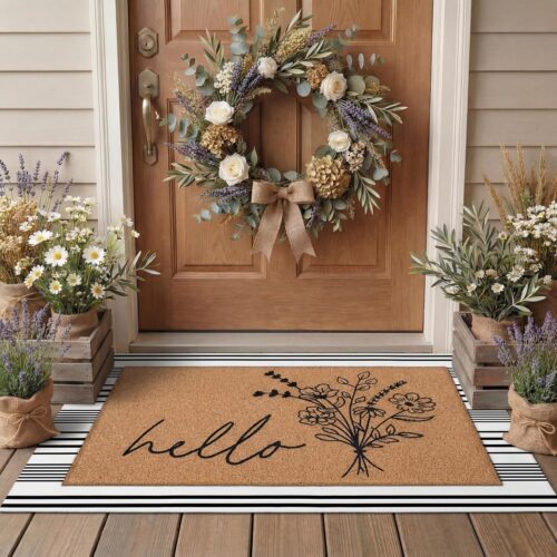 2 Pcs Door Mat Welcome Non Slip Coir Mats Floor Layering Doormats Seasonal for Front Porch Entryway Decor(Wildflower)