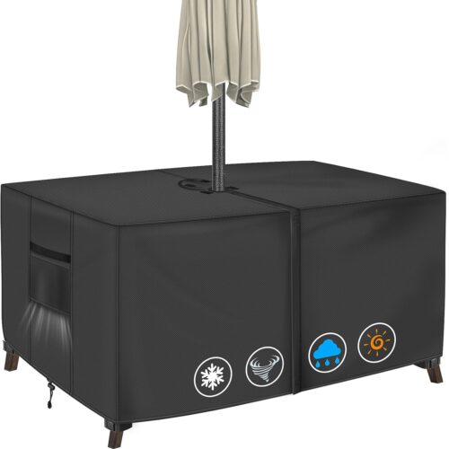 Rectangular Patio Table Cover with Umbrella Hole 72"L x 44"W x 23"H (COVER SIZE，NOT TABLE SIZE) Heavy Duty Waterproof Black Set Tarpaulins