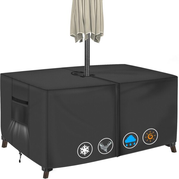 Rectangular Patio Table Cover with Umbrella Hole 72"L x 44"W x 23"H (COVER SIZE,NOT TABLE SIZE) Heavy Duty Waterproof Black Set Tarpaulins 1