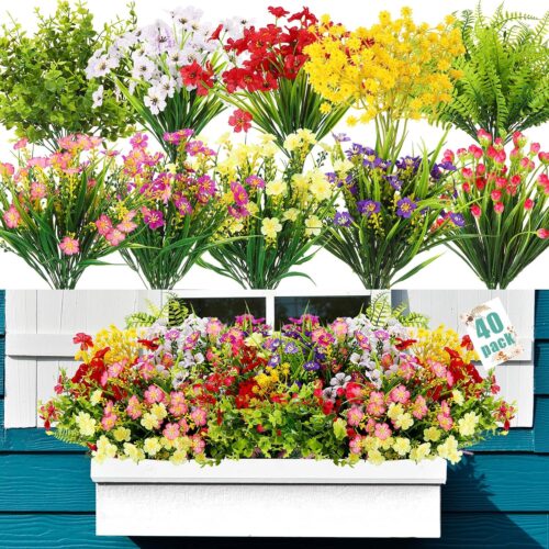 40 Bundles Artificial Flowers for Outdoor No Fade Faux Artificial Plants Shrubs Plastic Fake Flower 10 Kinds UV Resistant Faux Flowers for Garden Porch Window Decoration(Mix 2)