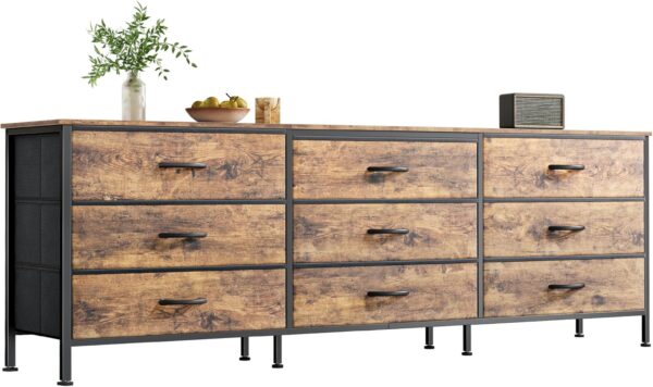 63 Inch Dresser for Bedroom, Dresser for Closet with 9 Drawers, Large TV Stand for 55, 65, 70 Inch TV, Entertainment Center with Storage, Wide Long Chest of Drawers, Rustic Brown 1