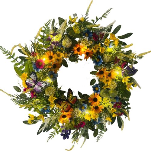 22 Inch Spring Summer Wreath for Front Door,Sunflower and Daisy with Eucalyptus Leaves,Mixed Flower,Fairy Lights,Artificial Wreath for Front Door Spring Outdoor Home Decor Easter Decor