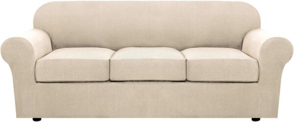 4 Piece Stretch Couch Covers for 3 Cushion Couch Sofa Furniture Slipcovers Feature Upgraded Thicker Jacquard Fabric (Sofa, Natural) 1