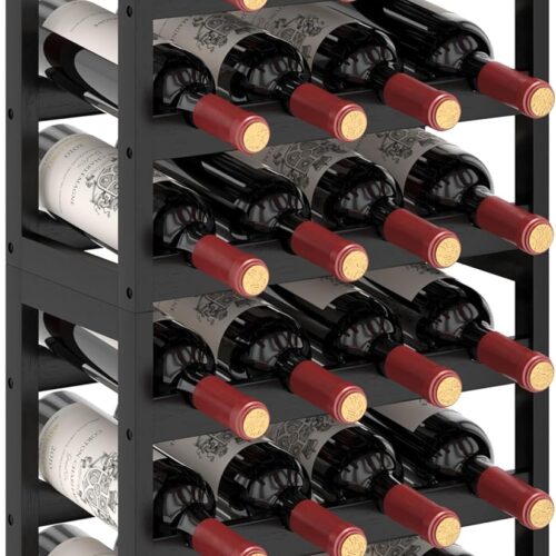 6 Tier Bamboo Wine Rack Freestanding Floor, 24 Bottles Wine Storage Shelves with Table Top, Stackable Wine Display Rack for Kitchen, Bar, Dining Room, Black