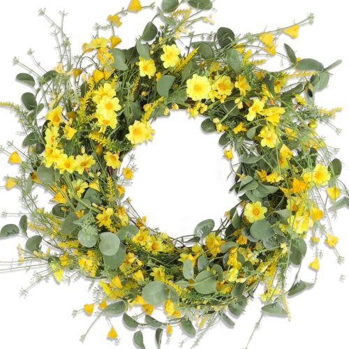 22" Daisy Spring Summer Wreath with Green Leaves, Wildflower Artificial Wreath for Front Door Home Wall Wedding Farmhouse Holiday Outdoor Indoor Décor (Yellow)