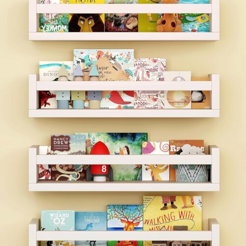 Set of 4 Wall-Mounted Kid's Bookshelf - White Floating Nursery Book Shelves - Durable Wood Construction - Ideal for Nursery Decor, Kids Room, Toy Storage