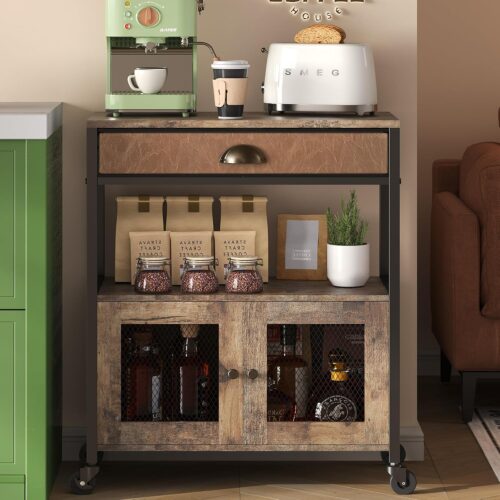 Coffee Bar Cabinet，3 Tiers Kitchen Coffee Cart with Drawer for The Home, Movable Farmhouse Ktichen Station Table on Wheels for Living Room, Entryway, Dining Room, Kitchen