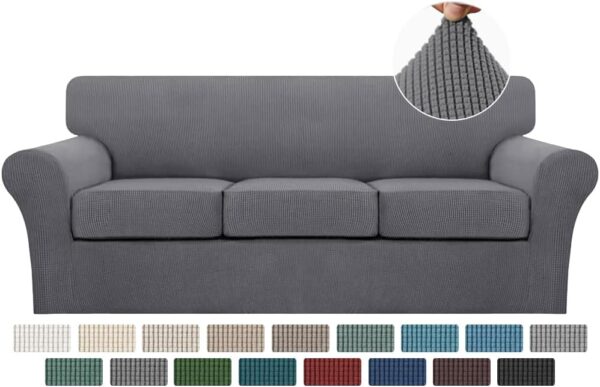4 Piece Sofa Covers for 3 Cushion Couch Sofa Slipcover Soft Couch Cover for Dogs-Washable Sofa Furniture Covers with 3 Individual Cushion Covers, Jacquard Fabric (3 Cushion Sofa, Gray) 1