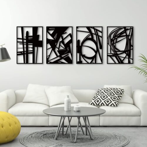 4 Pack Black Abstract Metal Wall Art, Minimalist Décor Single Line Art Wall Décor, 3D Textured Metal Wall Sculptures, for Living Room Bedroom Bathroom Study Room (Black Abstract, M Size 16 x 11'')