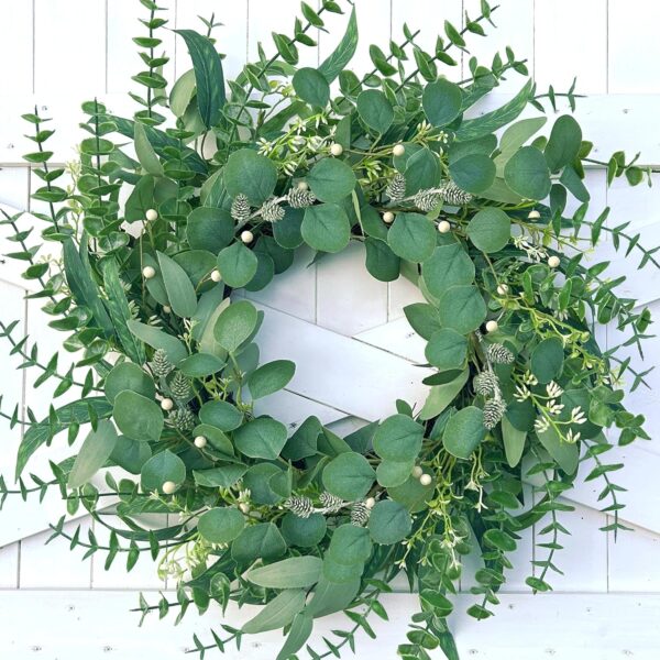 Spring Wreath 22 Inch Spring Summer Wreaths with Eucalyptus Leaves and Berries Seasons Green Eucalyptus Wreath for Farmhouse Porch Front Door Wall Decor and Year Round Use 1