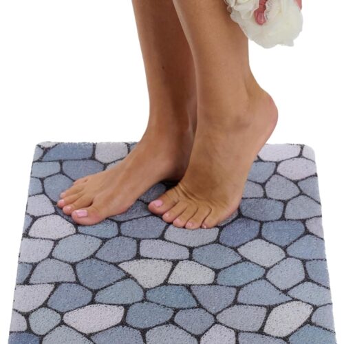 Loofah Non-Slip Shower and Bath Mat - Soft Cushioned Comfort - No Suction Cups for Smooth or Textured Tubs - Fast Draining - Safety for Bathroom, Family, Kids, and Elderly (24x16 Pebble Blue)