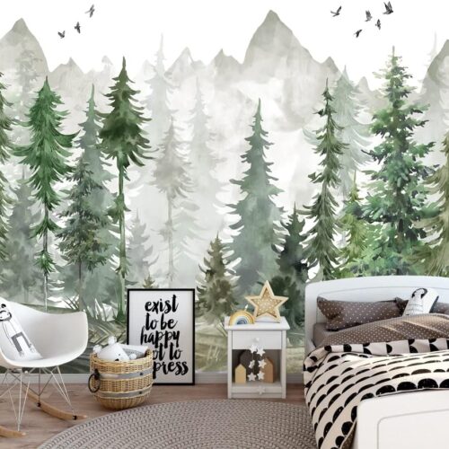 Green Forest Wall Mural Watercolor Woodland Wallpaper for Nursery Room (Not Peel n' Stick)