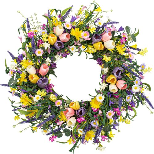 Spring Wreath 22 inch Indoor Summer Wreaths Artificial Spring Wreaths for Front Door, Tulip Wreath with Daisy and Lavender for Home Holiday Decor