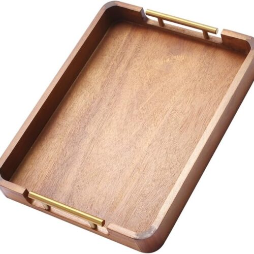 Acacia Wood Serving Tray with Handles, 17x13 Inch Ottoman Tray for Coffee Table,Candle Display,Breakfast in Bed, Large Wooden Decorative Tray with Non-Slip Pads, for Kitchen, Dining, Home Decor