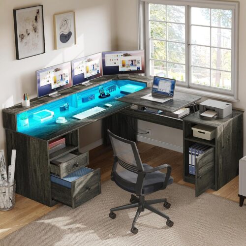 L Shaped Desk with Power Outlets & LED Lights, 60" Corner Computer Desk with Drawers & Lift Top, Home Office Desk with Monitor Stand & File Cabinet, Wood Height Adjustable Desk, Grey