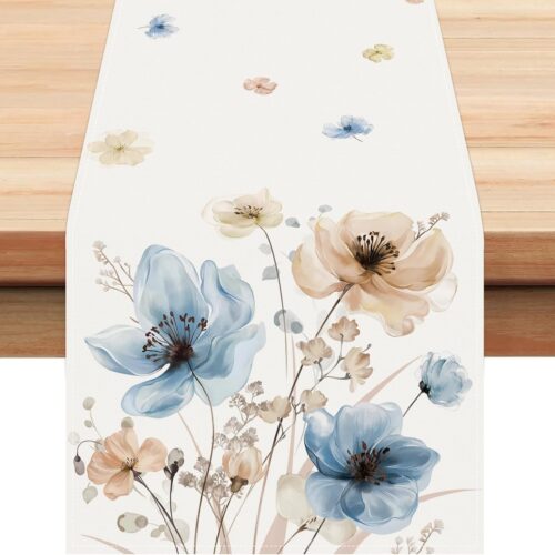Watercolor Floral Table Runner 13x90 Inch Blue Brown Flowers Seasonal Summer Spring Kitchen Dining Table Decoration for Indoor Outdoor Home Party Decor