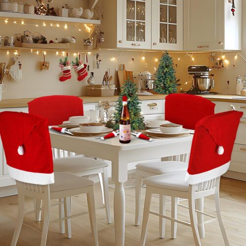 6PCS Christmas Chair Covers, Stretch Removable Washable Santa Claus Hat Dining Room Chair Slipcover - Red Xmas Chair Seat Protector Cover for Home,Ceremony, Banquet Indoor Decorations