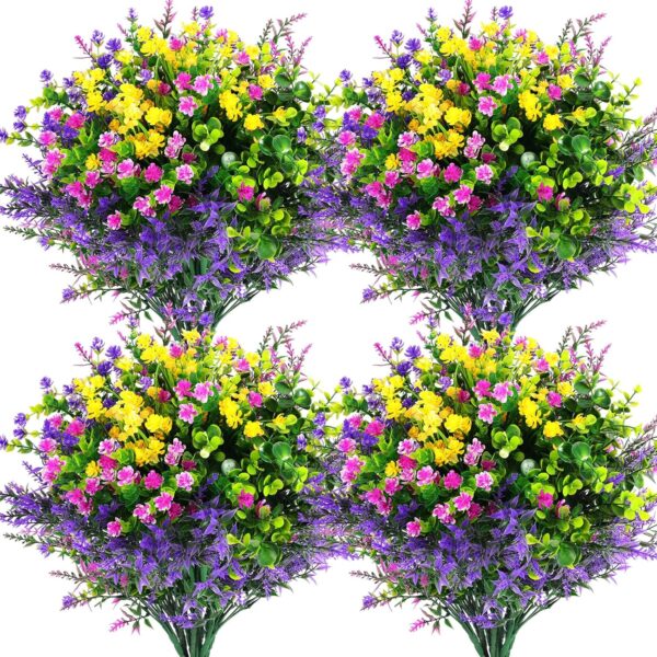 Artificial Flowers Outdoor, Faux Artificial Plants UV Resistant Plastic Flower Bulk for Hanging Planter Porch Window Home Wedding Fall Summer Decor (12, Fuchsia, Purple, Yellow, Green) 1