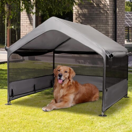 Extra Large Dog House Outside, Dog Tent Outdoor, Big Dog Shade Shelter Doghouse Canopy with Three-Sided Breathable Mesh Windows, Gray Sun Rain Cover for Pet Cat Livestock 4'x 4'x 3.3'