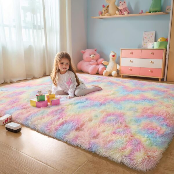 4x6 Rainbow Fluffy Shaggy Area Rugs, Kawaii Princess Soft Plush Carpet for Girls Bedroom Kids Playroom, Cute Colorful Fuzzy Rug for Nursery Dorm Baby Toddler Teenage 1