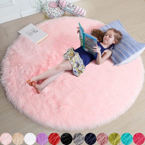 Light Pink Round Circle Rug 4Ft for Girls Bedroom, Fluffy Cute Area Rugs for Kids Room Decor Aesthetic, Kawaii Shag Fuzzy Fur Carpet for Nursery, Preppy Dorm, Classroom, Playroom, Teen, Baby