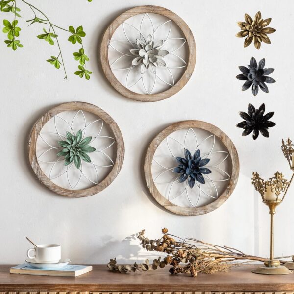 3 Piece Round Farmhouse Wall Decor with 6 Piece Interchangeable Flowers 12'' Medallion Wood & Metal Rustic Wall Art for Living Room Bedroom Kitchen Bathroom Dining Room Home Decorations 1