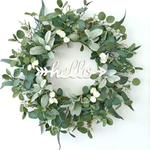 22 Inch Eucalyptus Wreath for Front Door with Hello Sign, Artificial Spring Summer Greenery Wreaths with Lambs Ear & Willow Leaves, All Season Farmhouse Wall Window Porch Decor