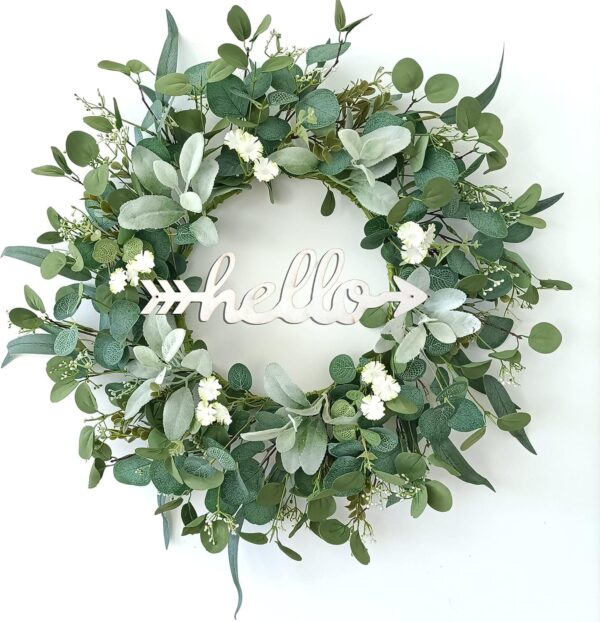 22 Inch Eucalyptus Wreath for Front Door with Hello Sign, Artificial Spring Summer Greenery Wreaths with Lambs Ear & Willow Leaves, All Season Farmhouse Wall Window Porch Decor 1