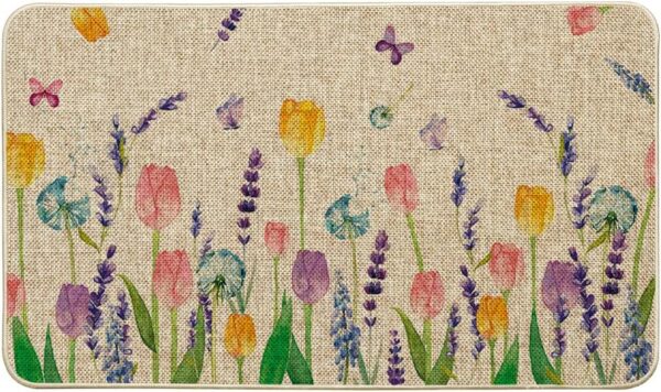 Tulip Lavender Spring Decorative Doormat, Seasonal Flower Summer Holiday Low-Profile Rug Switch Mat for Indoor Outdoor 17x29 Inch 1