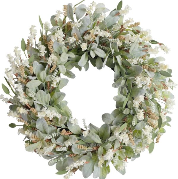 24 Inch Summer Spring Ivory Flowers Wreath for Front Door, Everyday Lamb Ears Leaves Wreath with White Artificial Flower for Indoor and Outdoor, Rustic and Farmhouse Greenery Flower 1