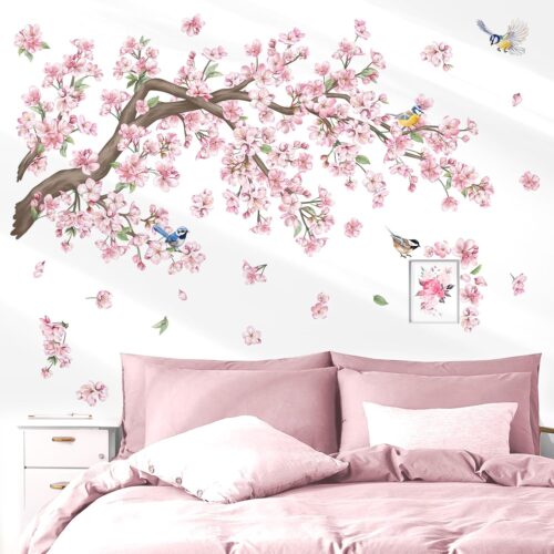 Cherry Blossom Tree Branch Wall Stickers Pink Flower Floral Birds Peel and Stick Wall Art Decals for Bedroom Living Room Sofa
