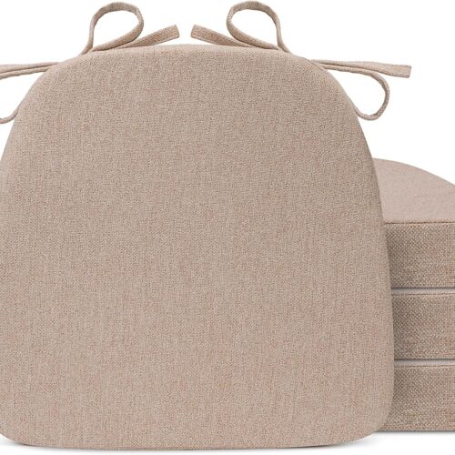Chair Cushions for Dining Chairs, D-Shaped Seat Cushions with Removable Washable Cover and Ties, Chair Pads for Kitchen, Indoor Dining Room, Patio Chairs, 17'' x 16'', Set of 4, Khaki